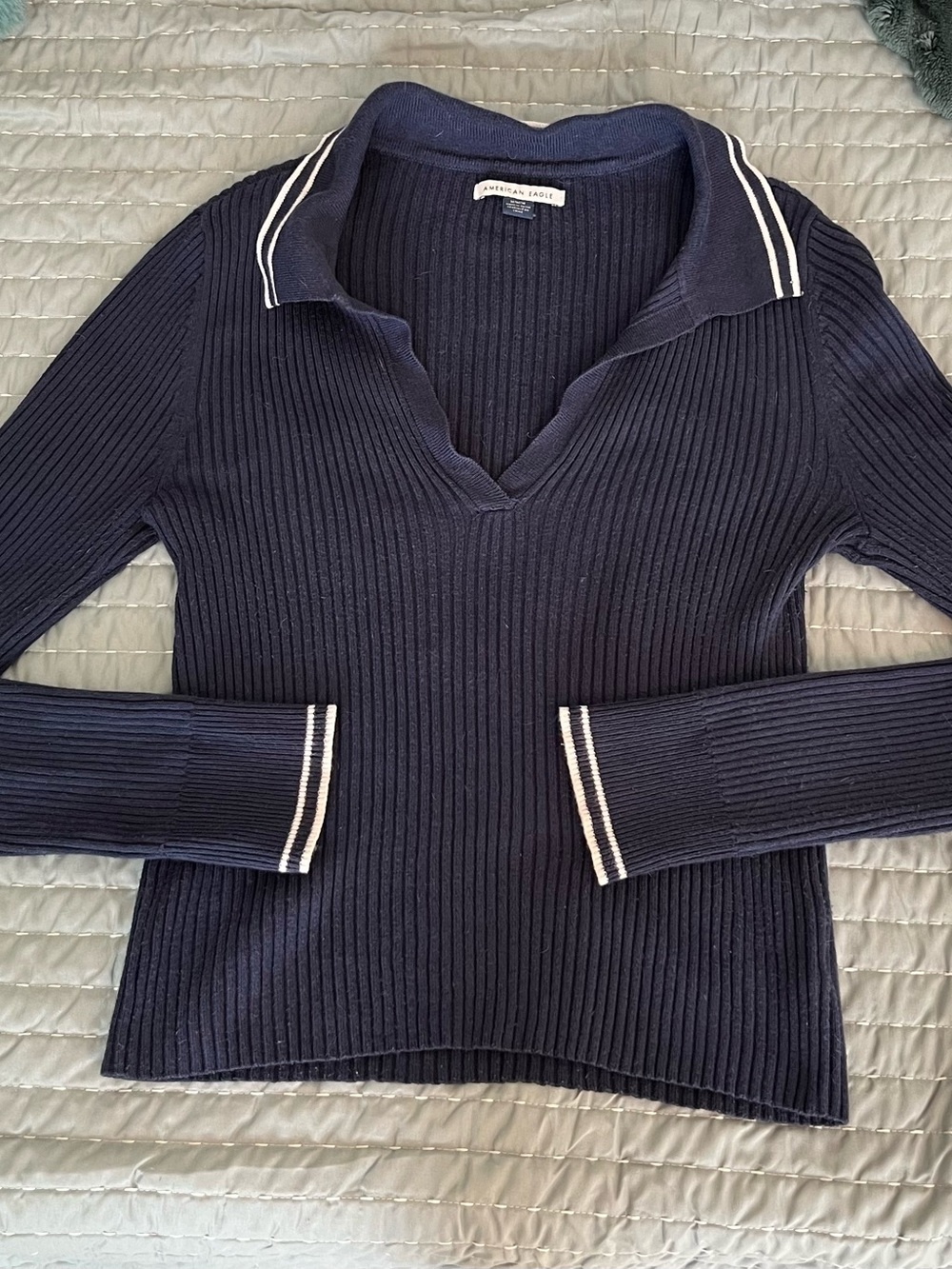 American Eagle Navy Ribbed Polo Sweater